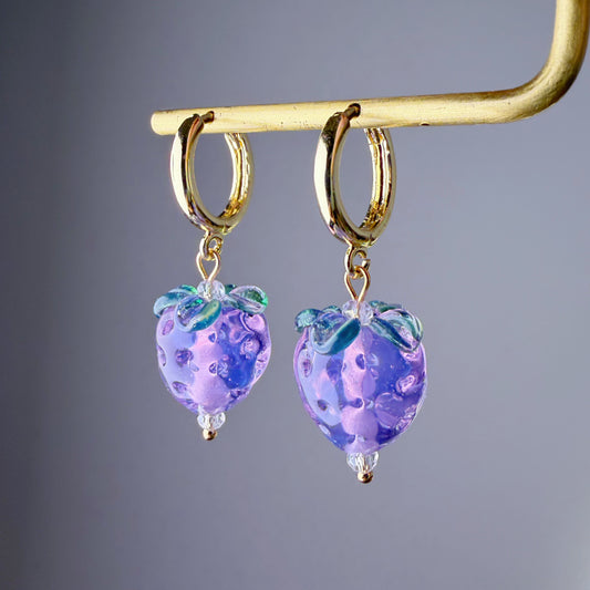 Handmade Lampwork Glass Purple Strawberries Hoop Earrings