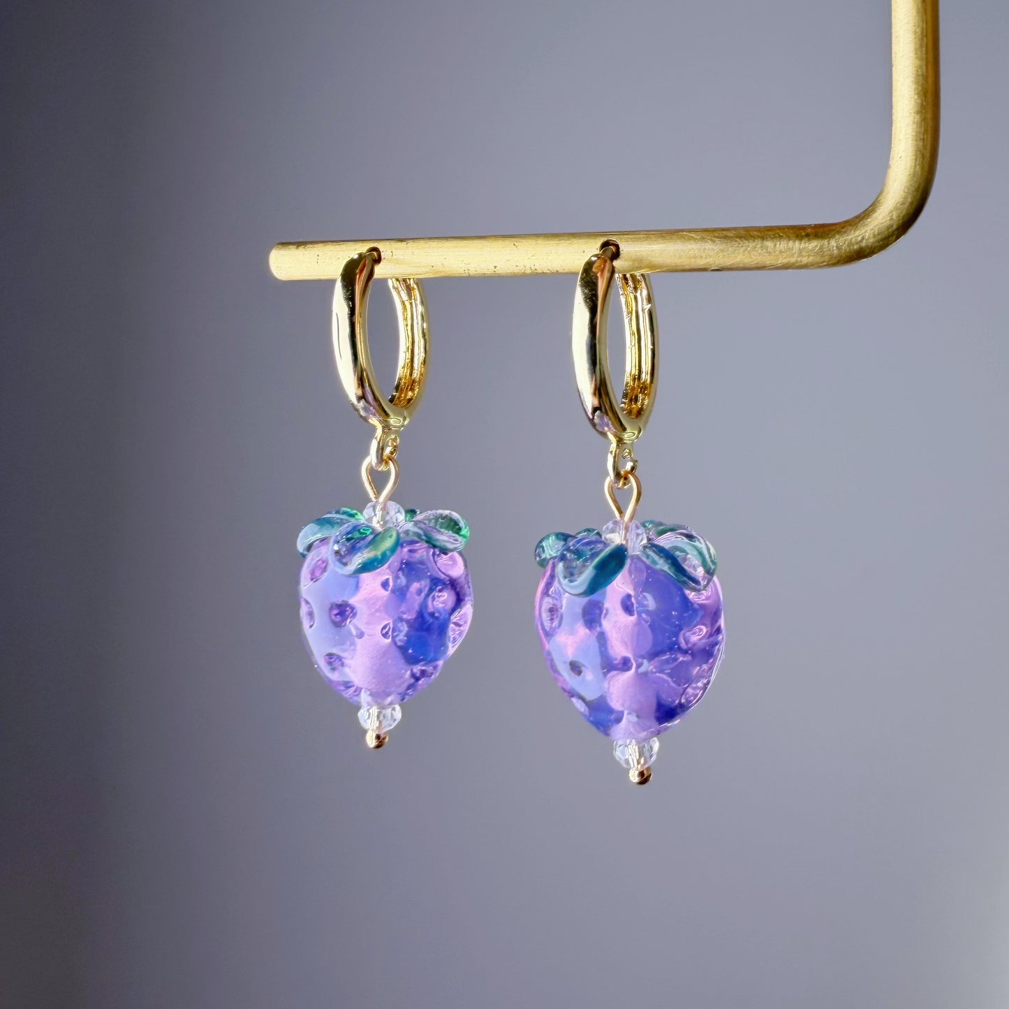 Handmade Lampwork Glass Purple Strawberries Hoop Earrings