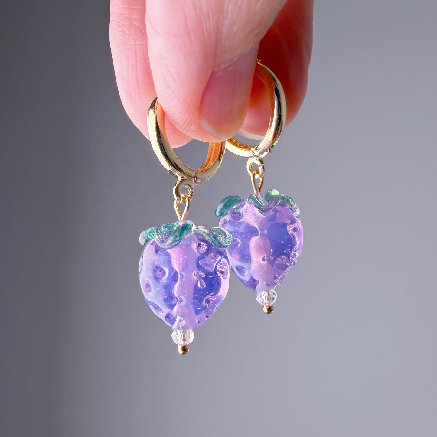 Handmade Lampwork Glass Purple Strawberries Hoop Earrings