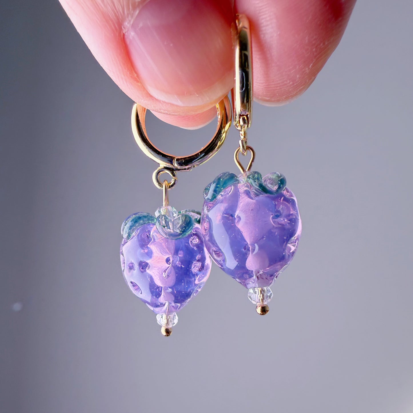 Handmade Lampwork Glass Purple Strawberries Hoop Earrings