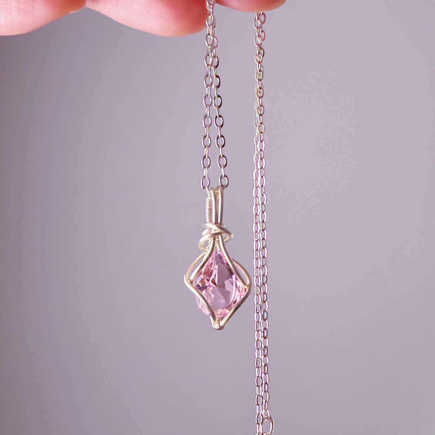 Quartzberry - Lab Grown Pink Diamond Crystal Wire Wrapped Necklace - One-of-a-kind