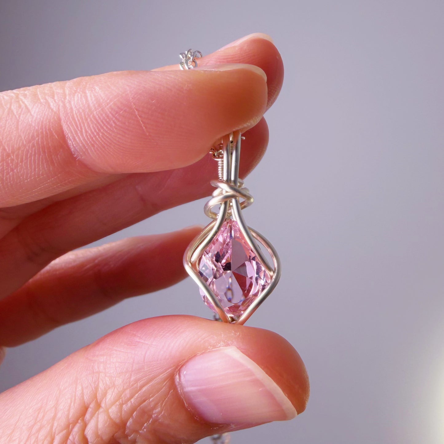 Quartzberry - Lab Grown Pink Diamond Crystal Wire Wrapped Necklace - One-of-a-kind