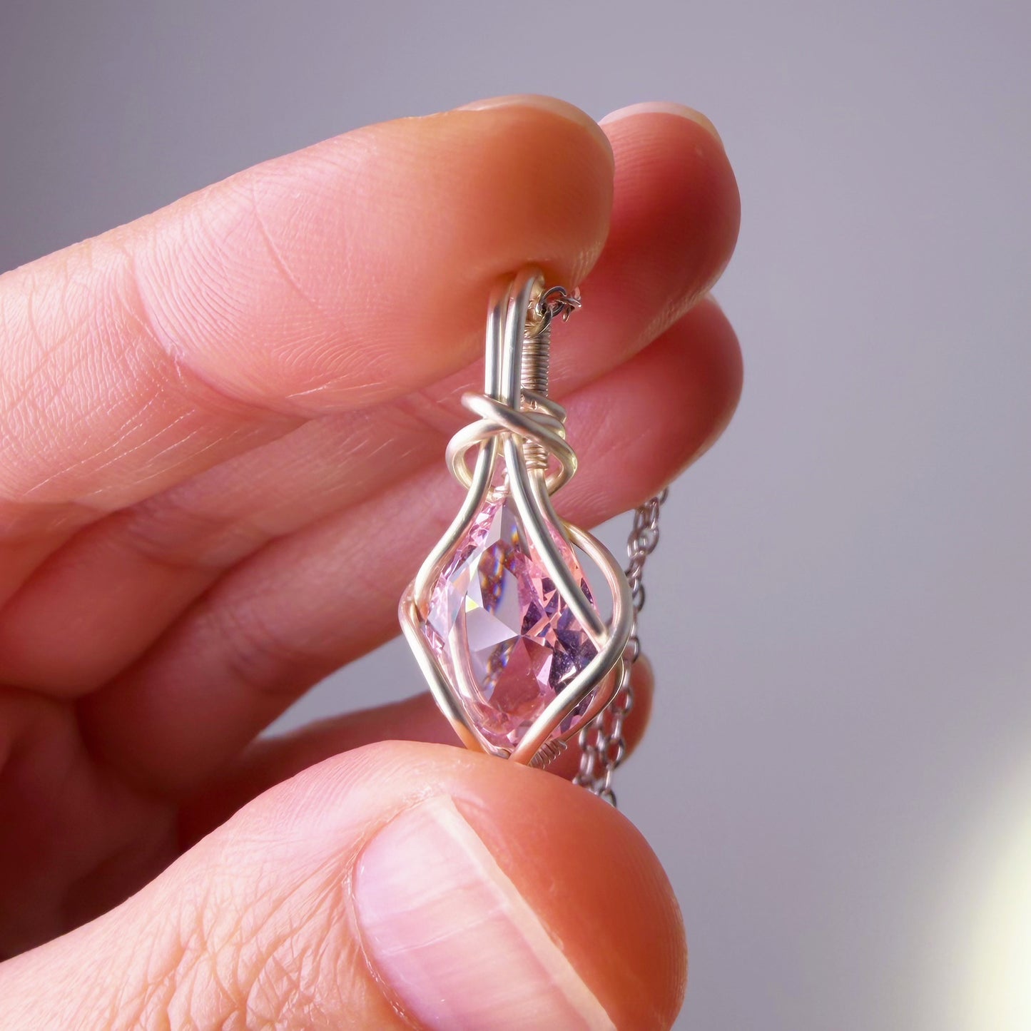 Quartzberry - Lab Grown Pink Diamond Crystal Wire Wrapped Necklace - One-of-a-kind