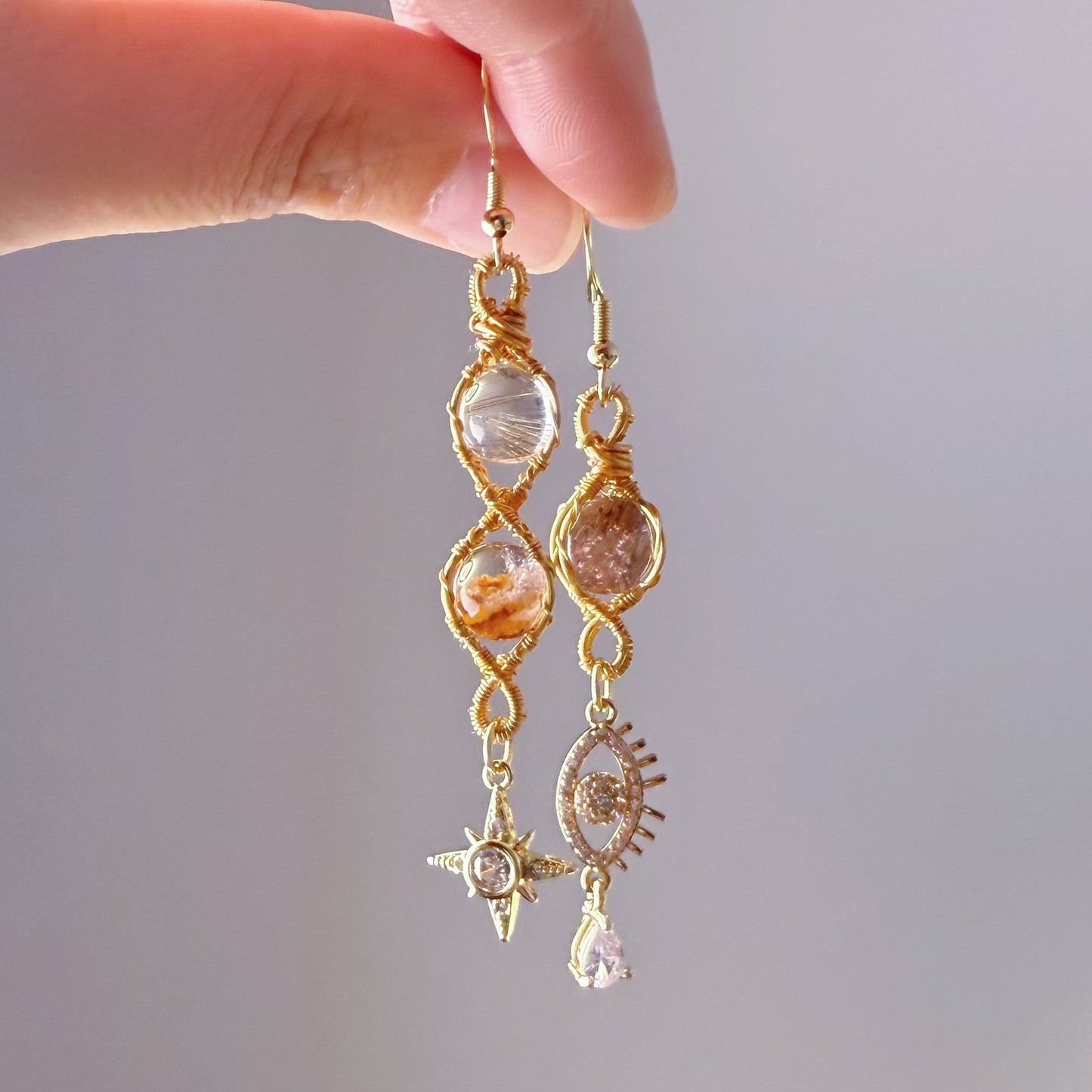 Infinity - Natural Phantom Quartz and Rutile Wire Wrapped Crystal Earrings