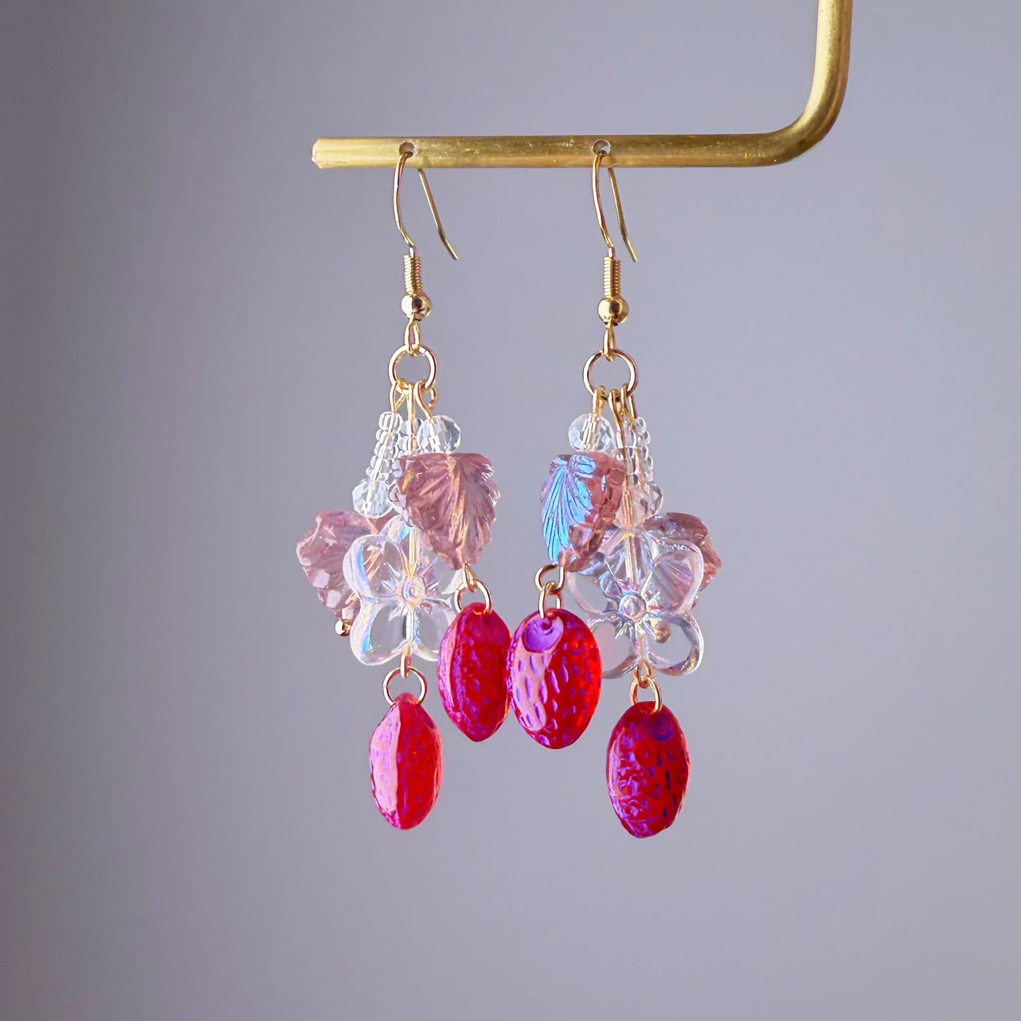 Handmade Glass Red Purple Strawberries Flower and Leaves Earrings