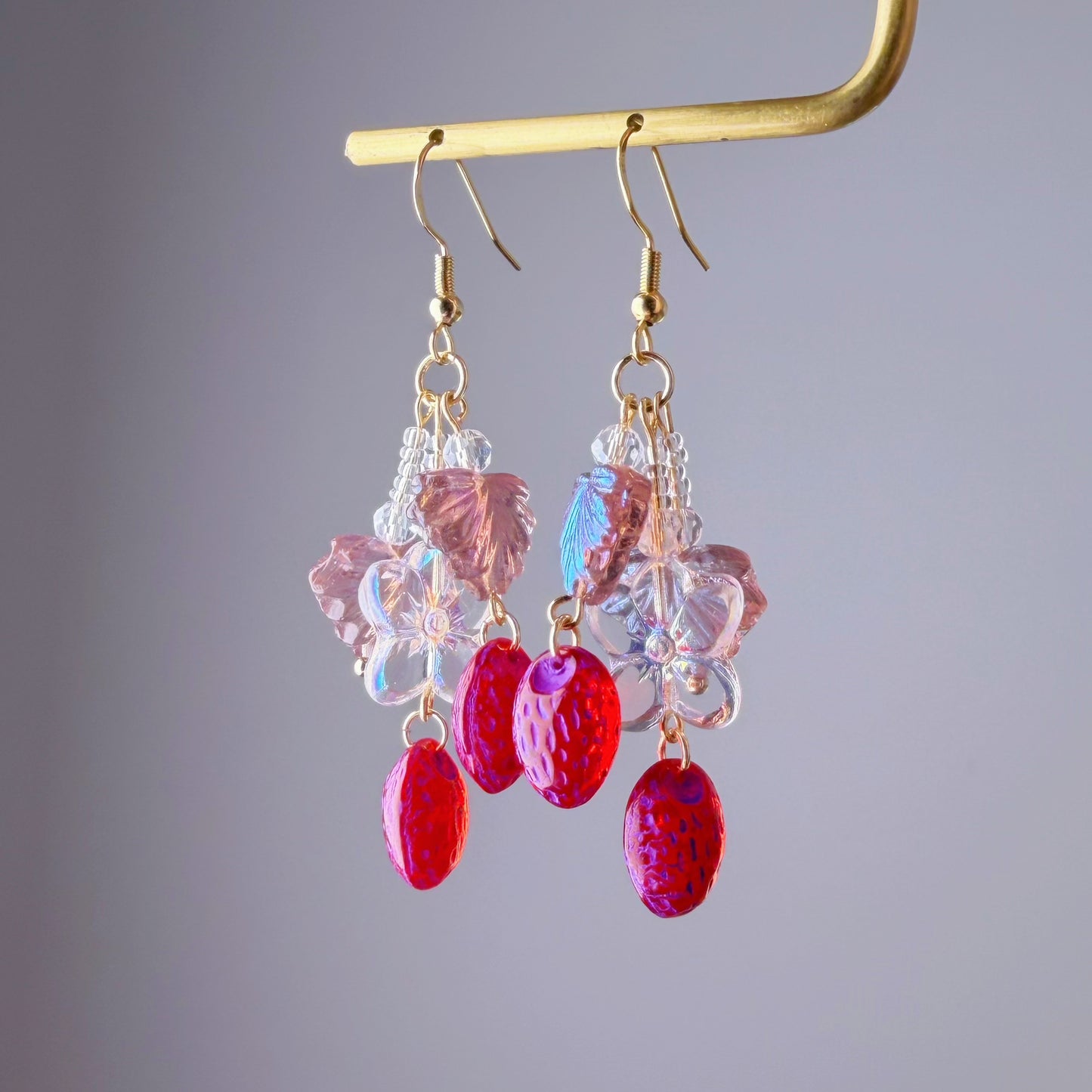 Handmade Glass Red Purple Strawberries Flower and Leaves Earrings