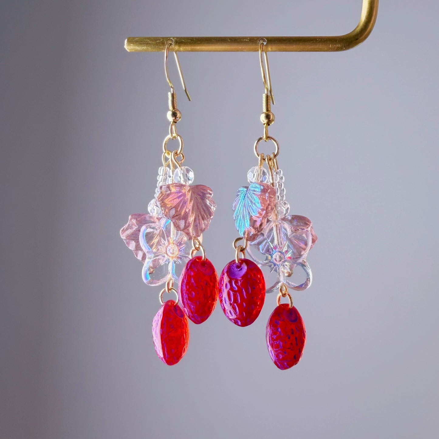 Handmade Glass Red Purple Strawberries Flower and Leaves Earrings
