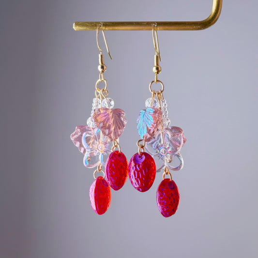 Handmade Glass Red Purple Strawberries Flower and Leaves Earrings