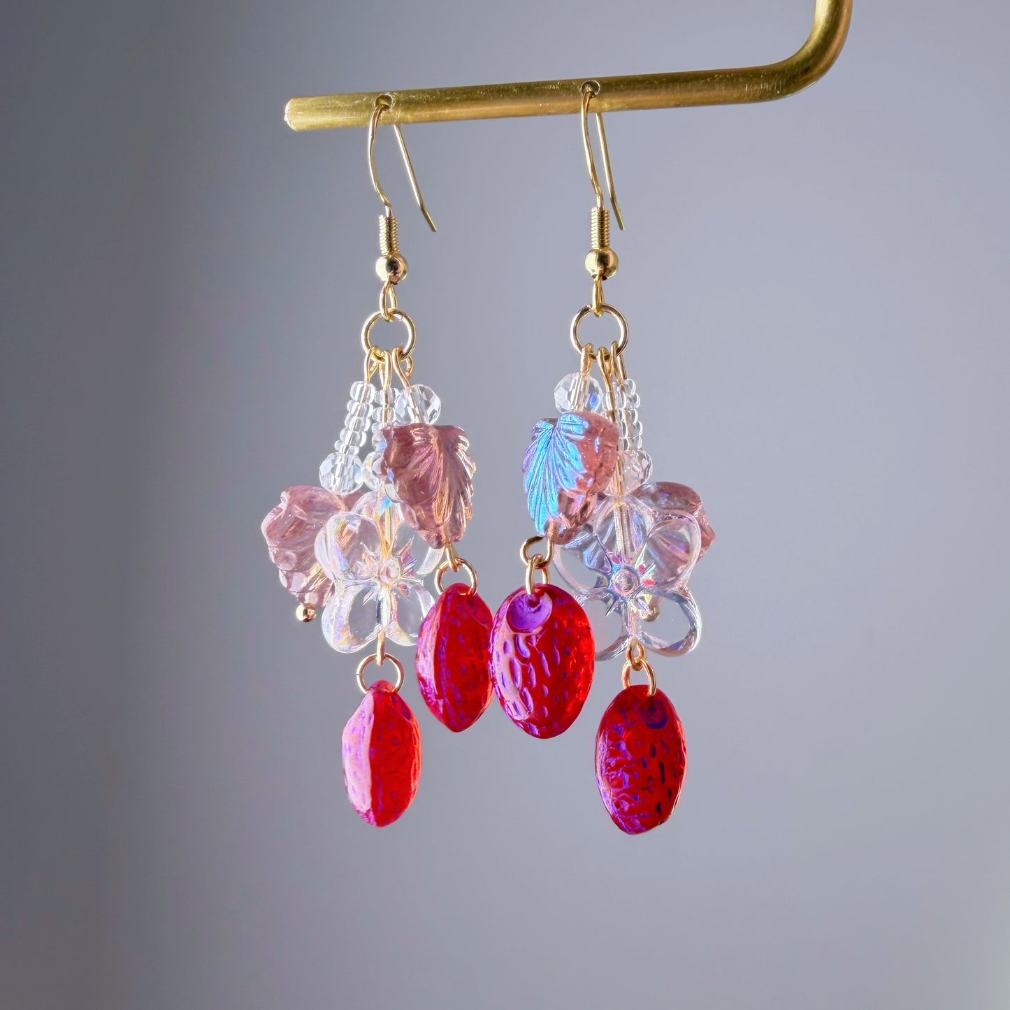 Handmade Glass Red Purple Strawberries Flower and Leaves Earrings