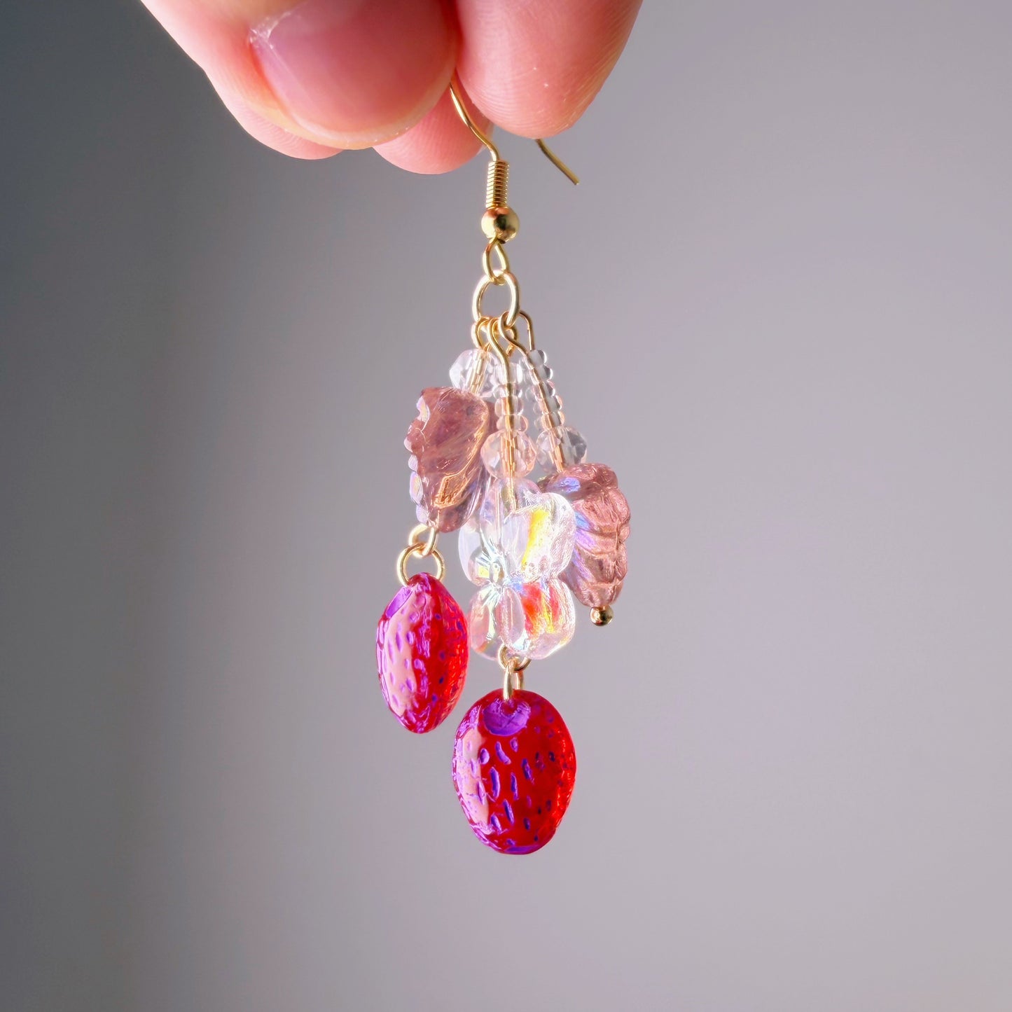 Handmade Glass Red Purple Strawberries Flower and Leaves Earrings