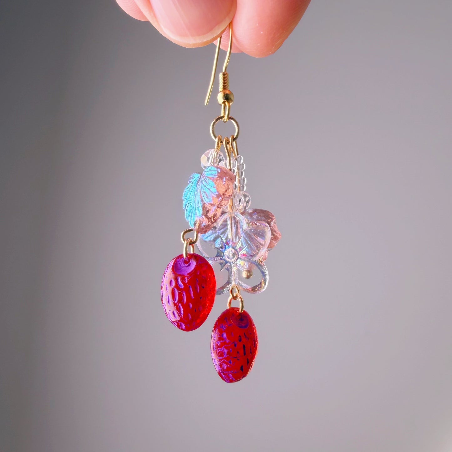 Handmade Glass Red Purple Strawberries Flower and Leaves Earrings