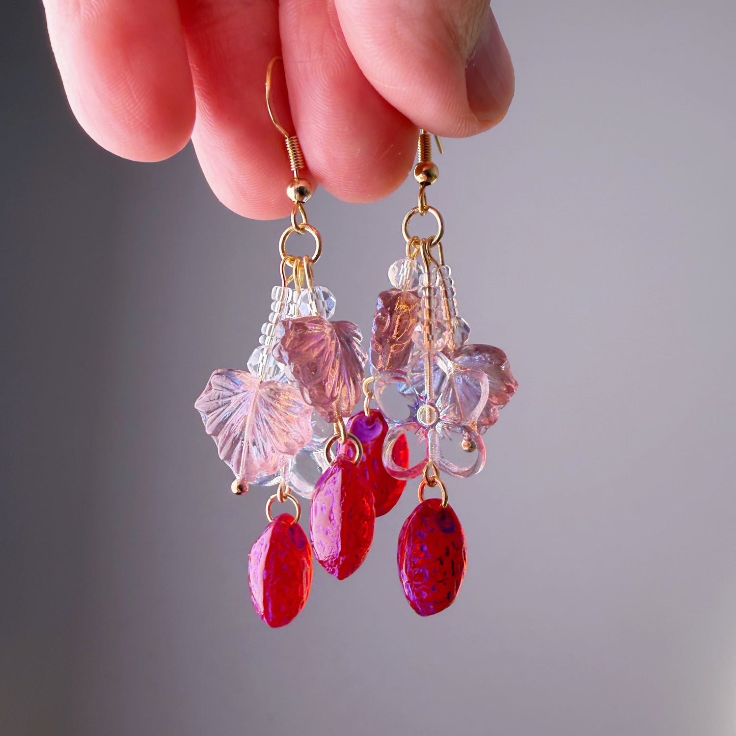 Handmade Glass Red Purple Strawberries Flower and Leaves Earrings