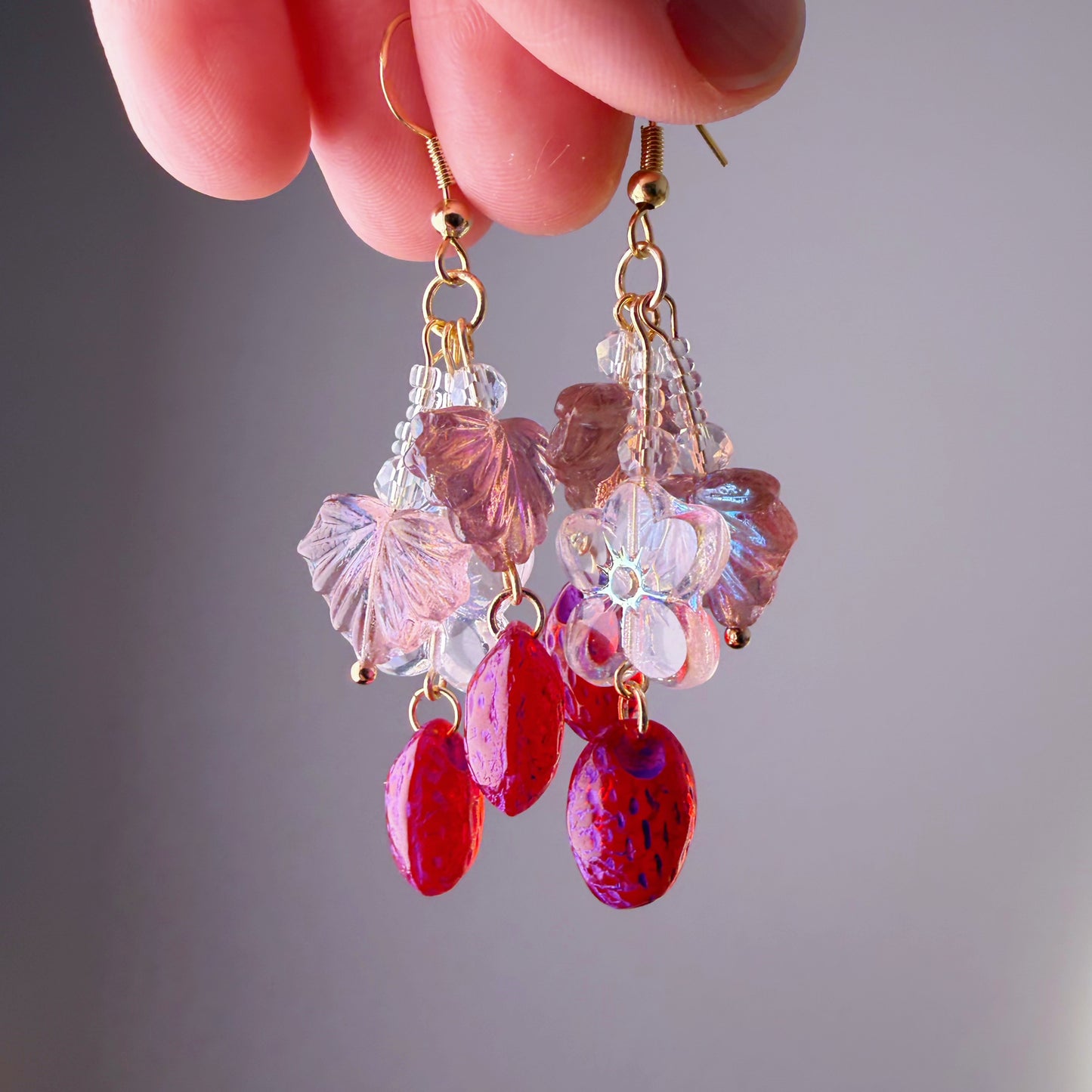 Handmade Glass Red Purple Strawberries Flower and Leaves Earrings