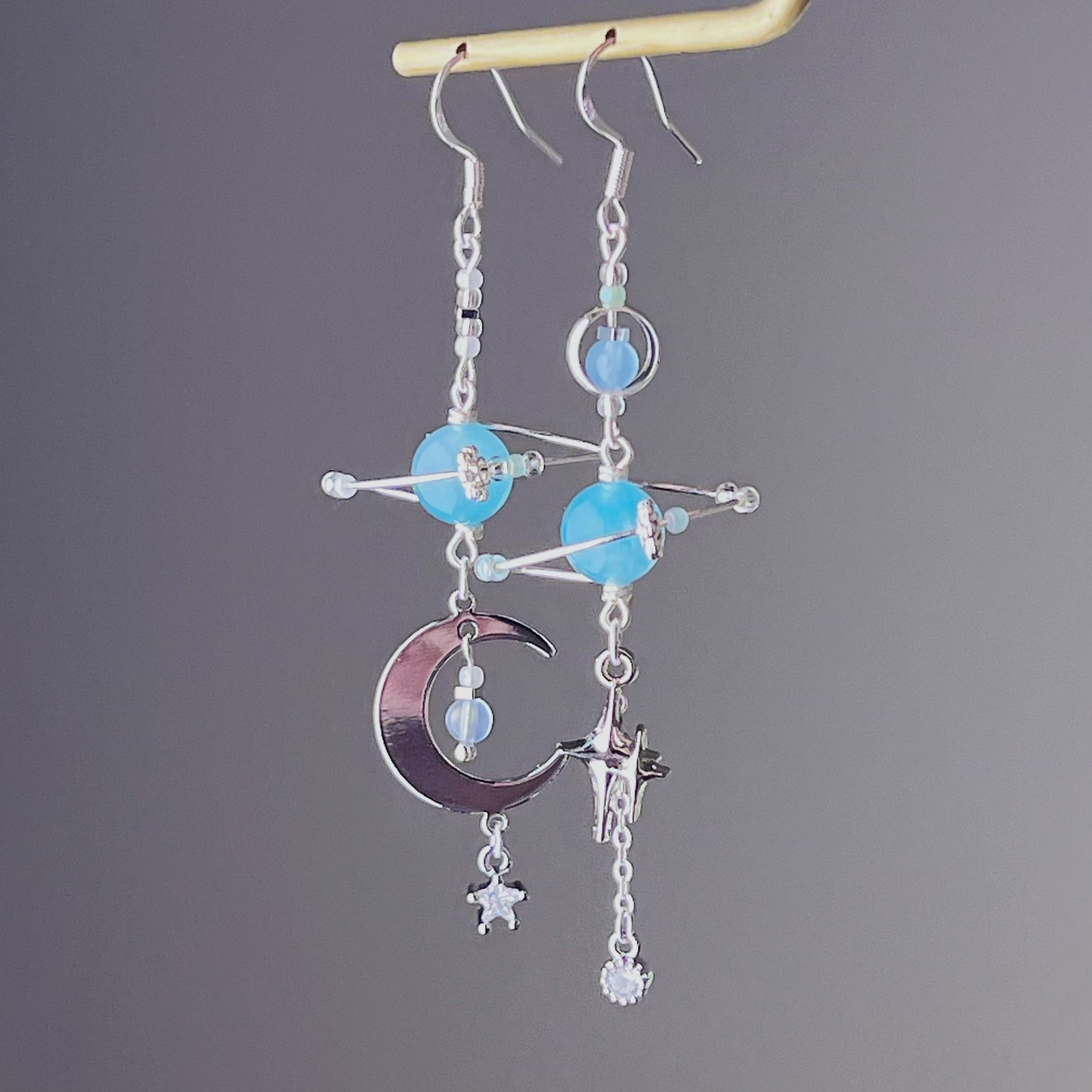 Blue Amazonite Planet and Silver Crescent Moon Silver Drop Earrings-Ninaouity