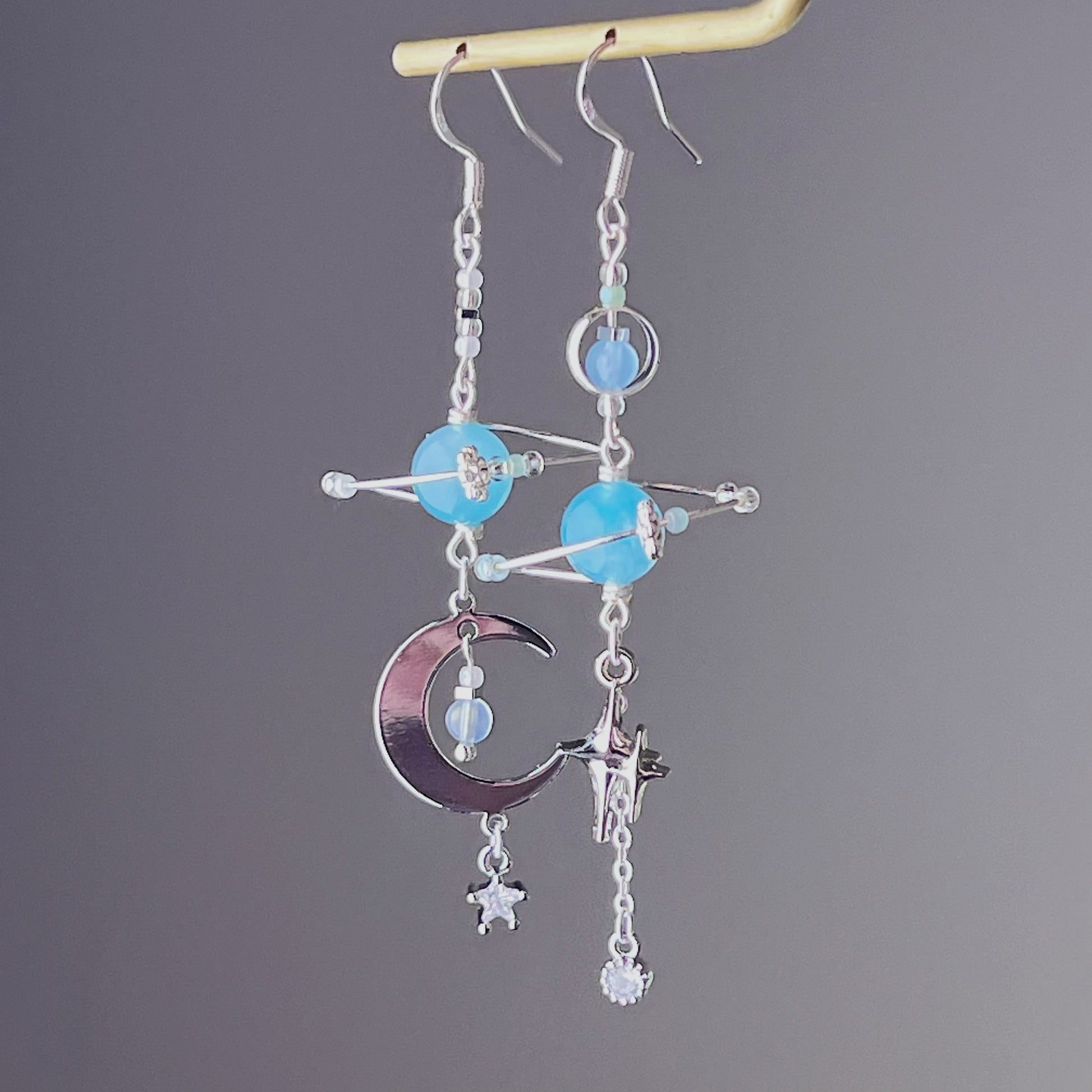 Blue Amazonite Planet and Silver Crescent Moon Silver Drop Earrings-Ninaouity