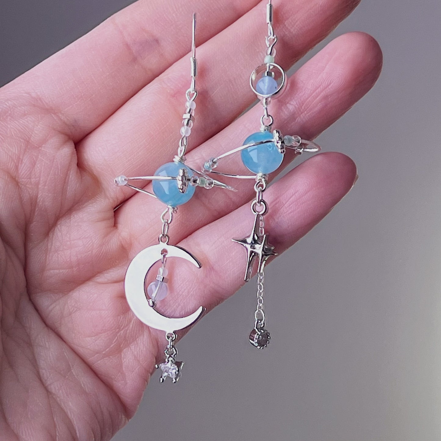 Blue Amazonite Planet and Silver Crescent Moon Silver Drop Earrings-Ninaouity