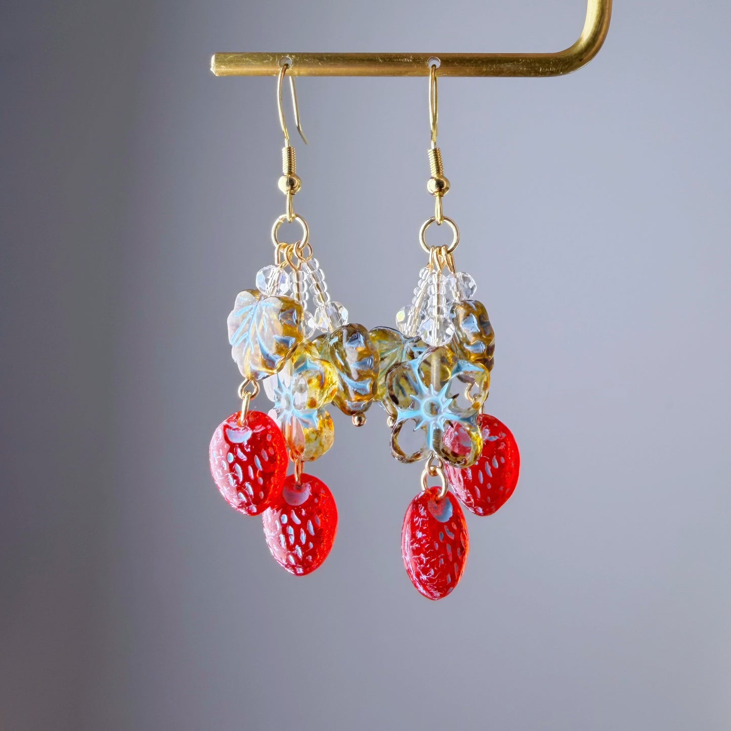 Handmade Glass Red Blue Strawberries Flower and Leaves Earrings