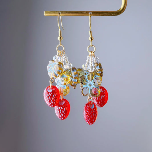 Handmade Glass Red Blue Strawberries Flower and Leaves Earrings