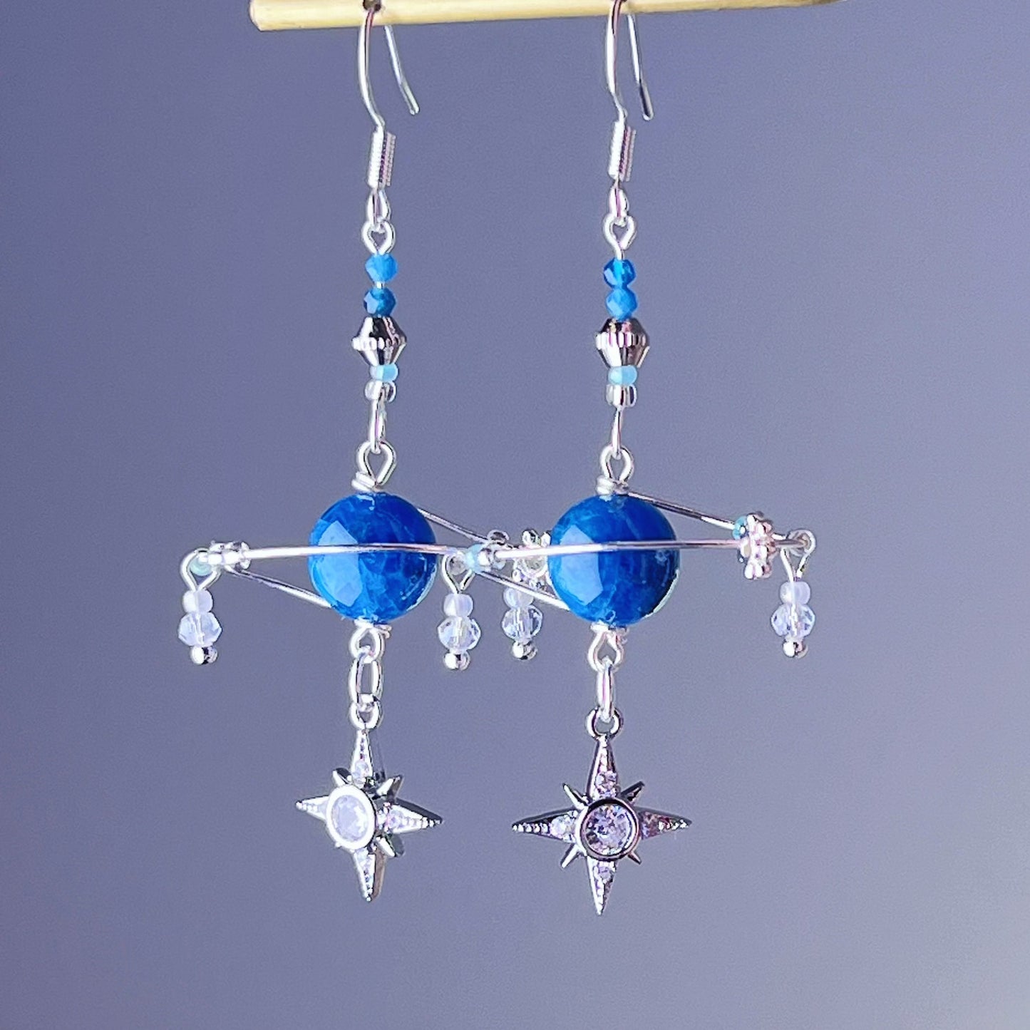 Blue Apatite Planet and Stars Silver Drop Earrings-Ninaouity