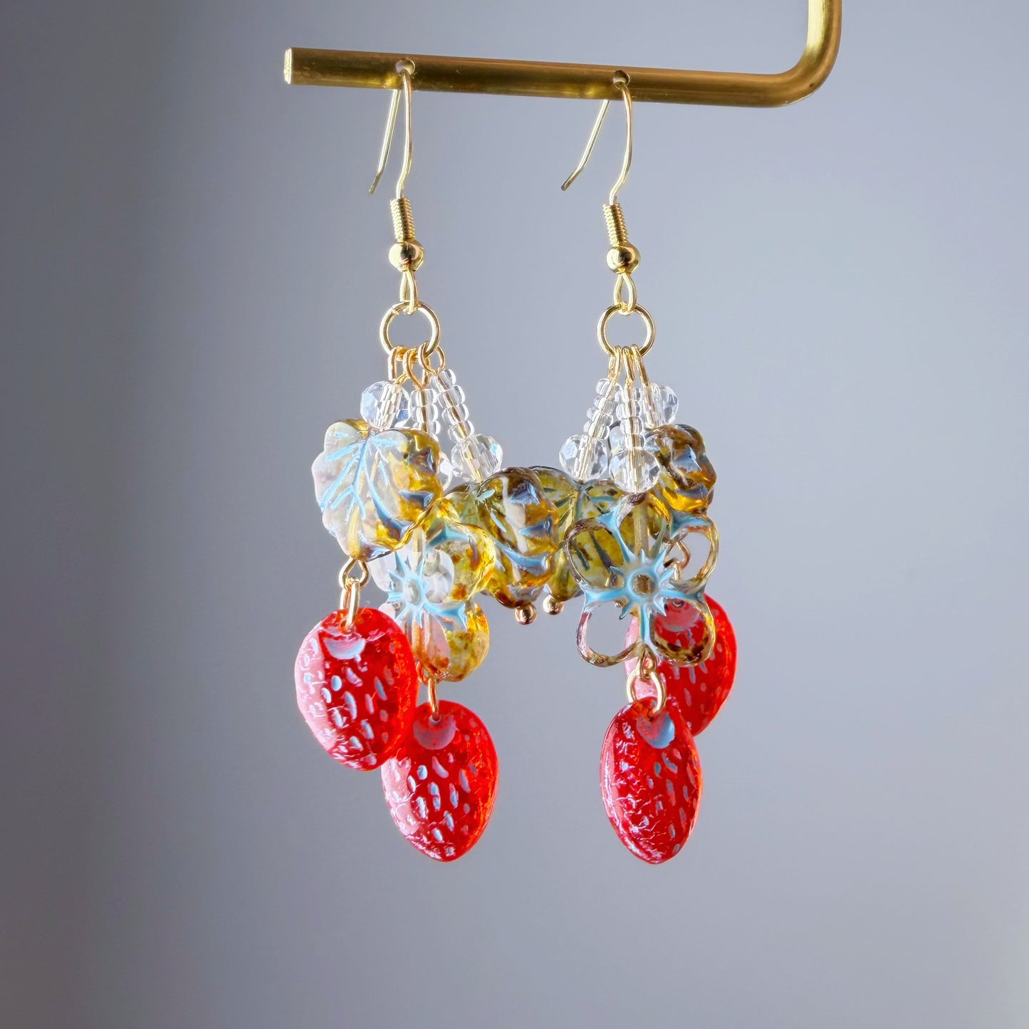 Handmade Glass Red Blue Strawberries Flower and Leaves Earrings