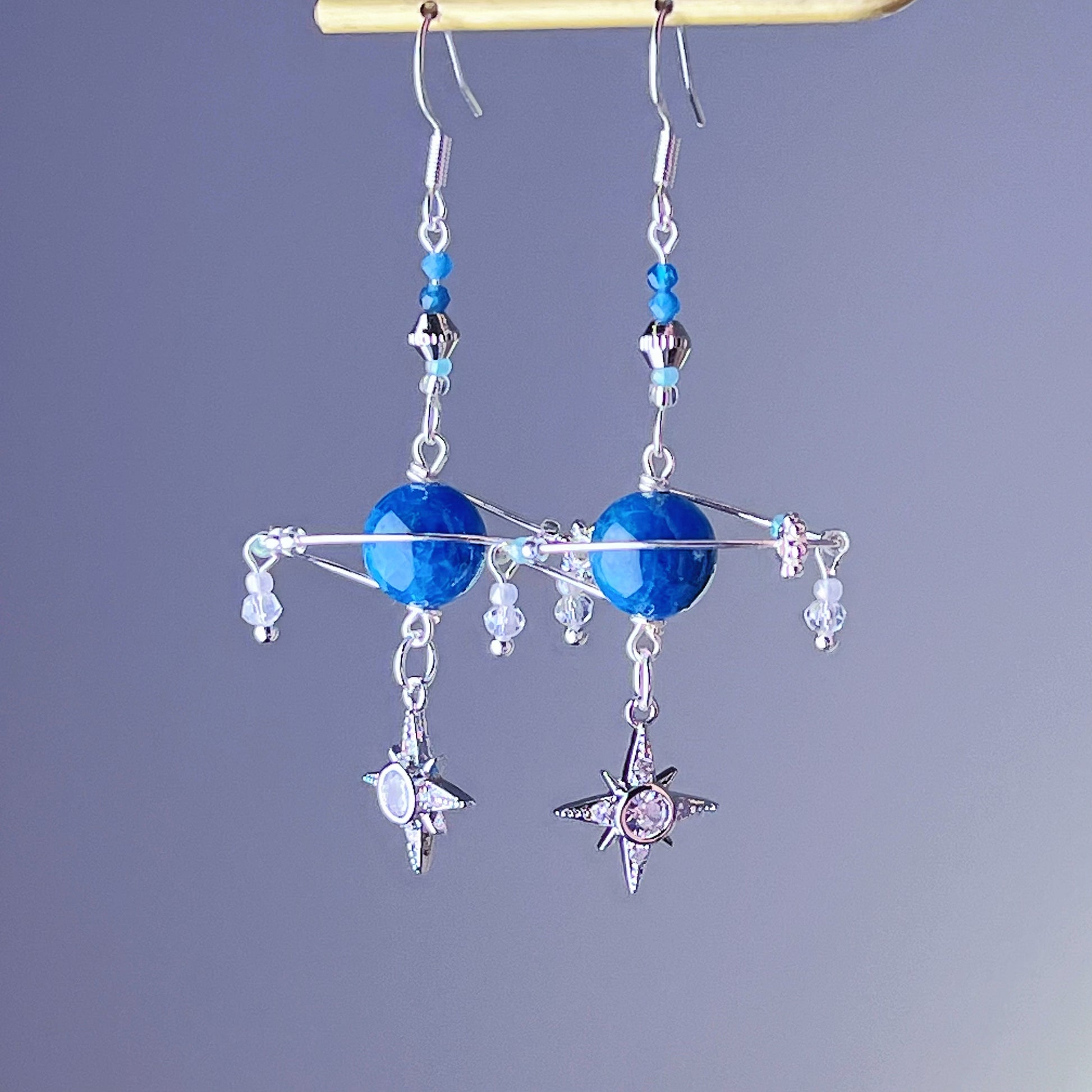 Blue Apatite Planet and Stars Silver Drop Earrings-Ninaouity