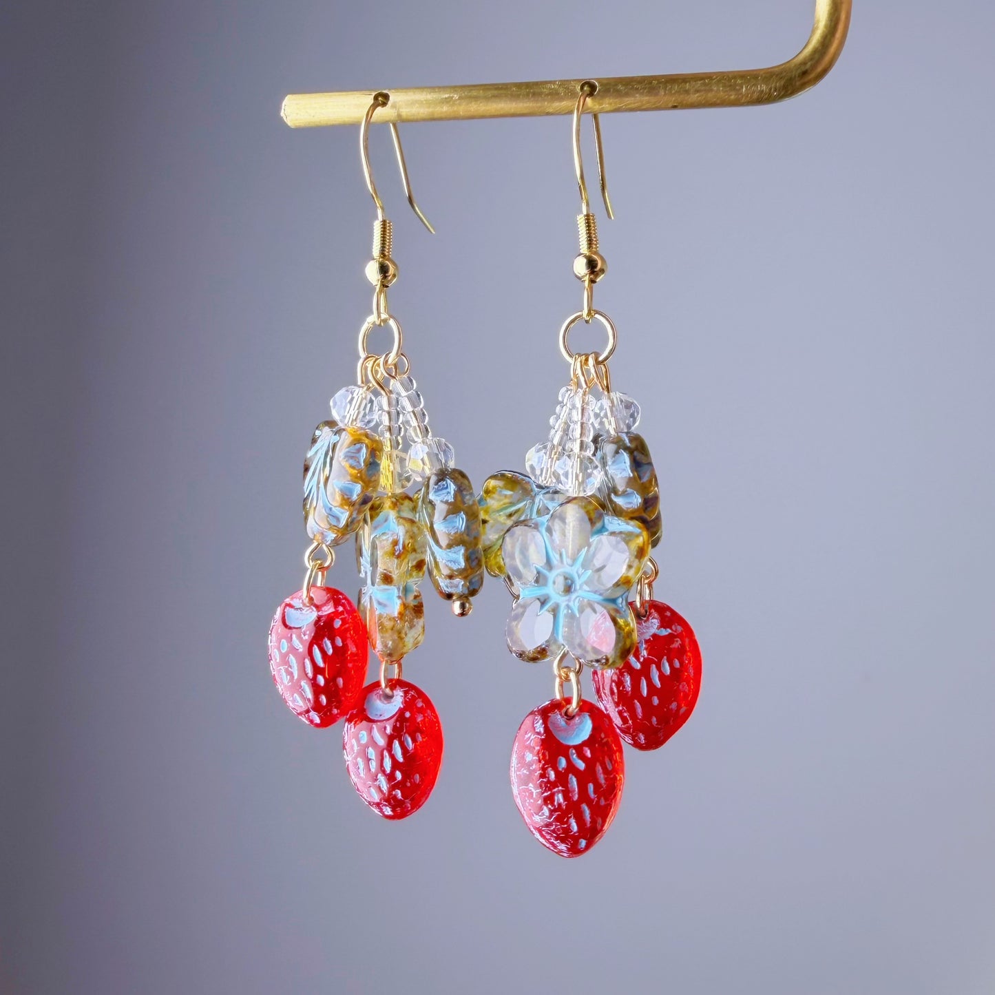 Handmade Glass Red Blue Strawberries Flower and Leaves Earrings