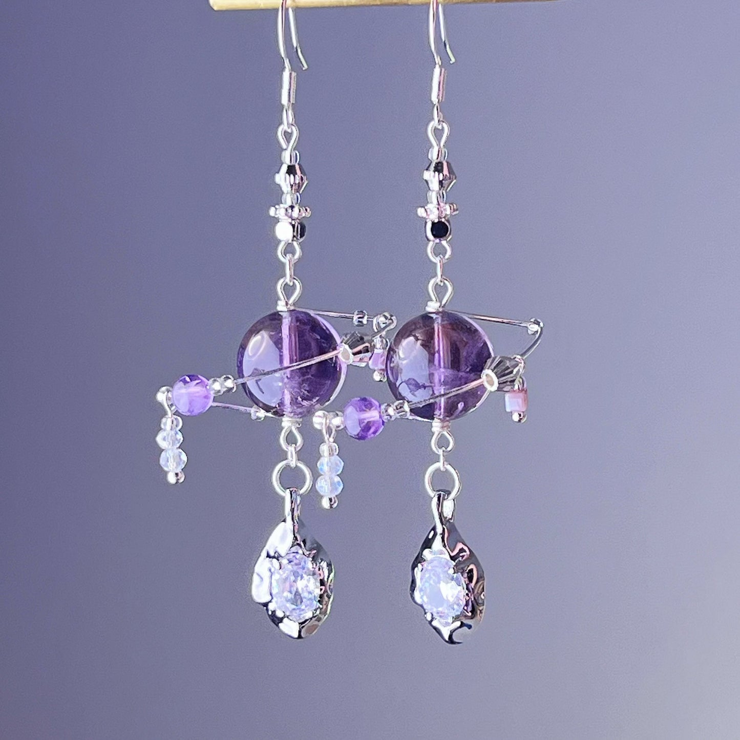 Silver Amethyst Planet and Meteorite Earrings-Ninaouity