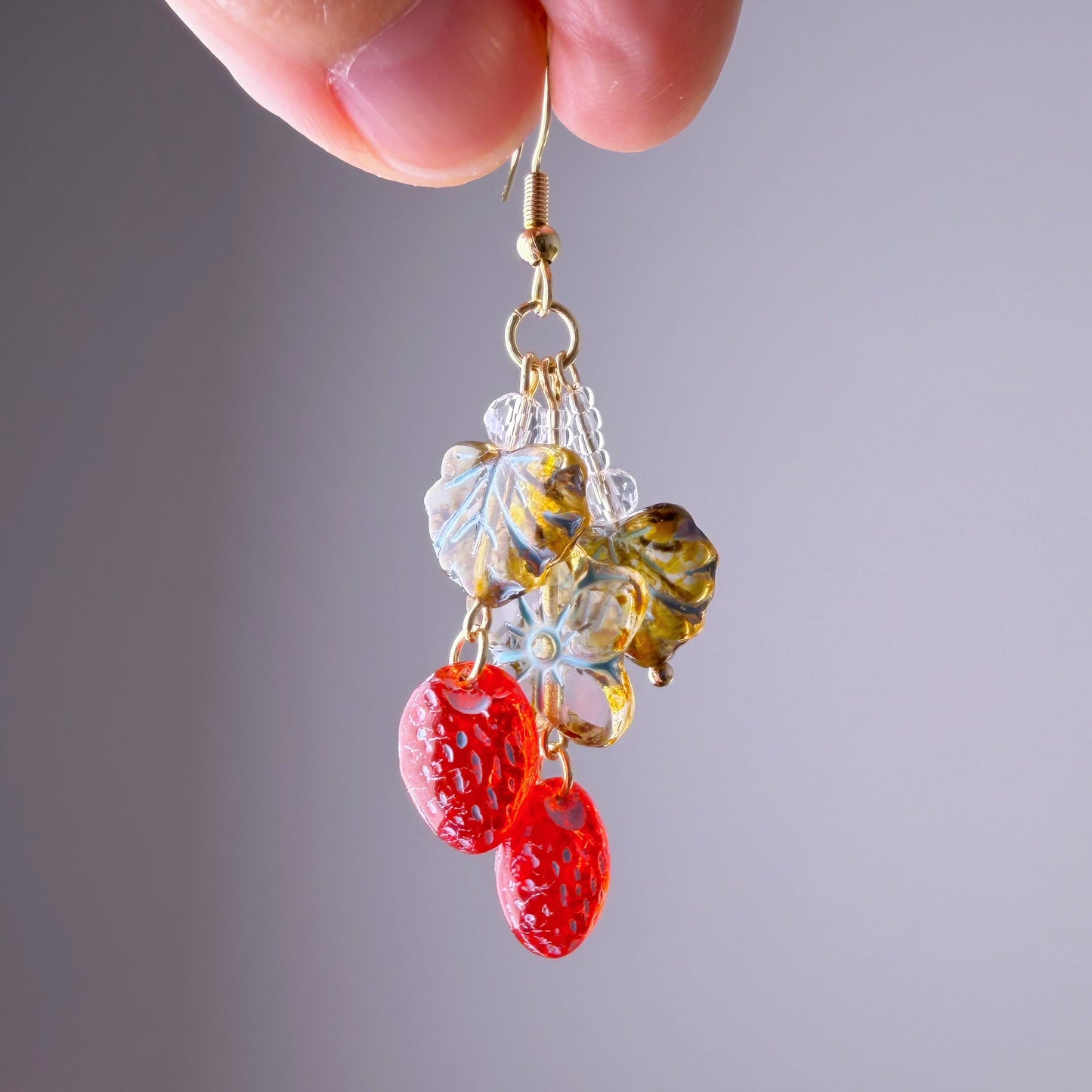 Handmade Glass Red Blue Strawberries Flower and Leaves Earrings
