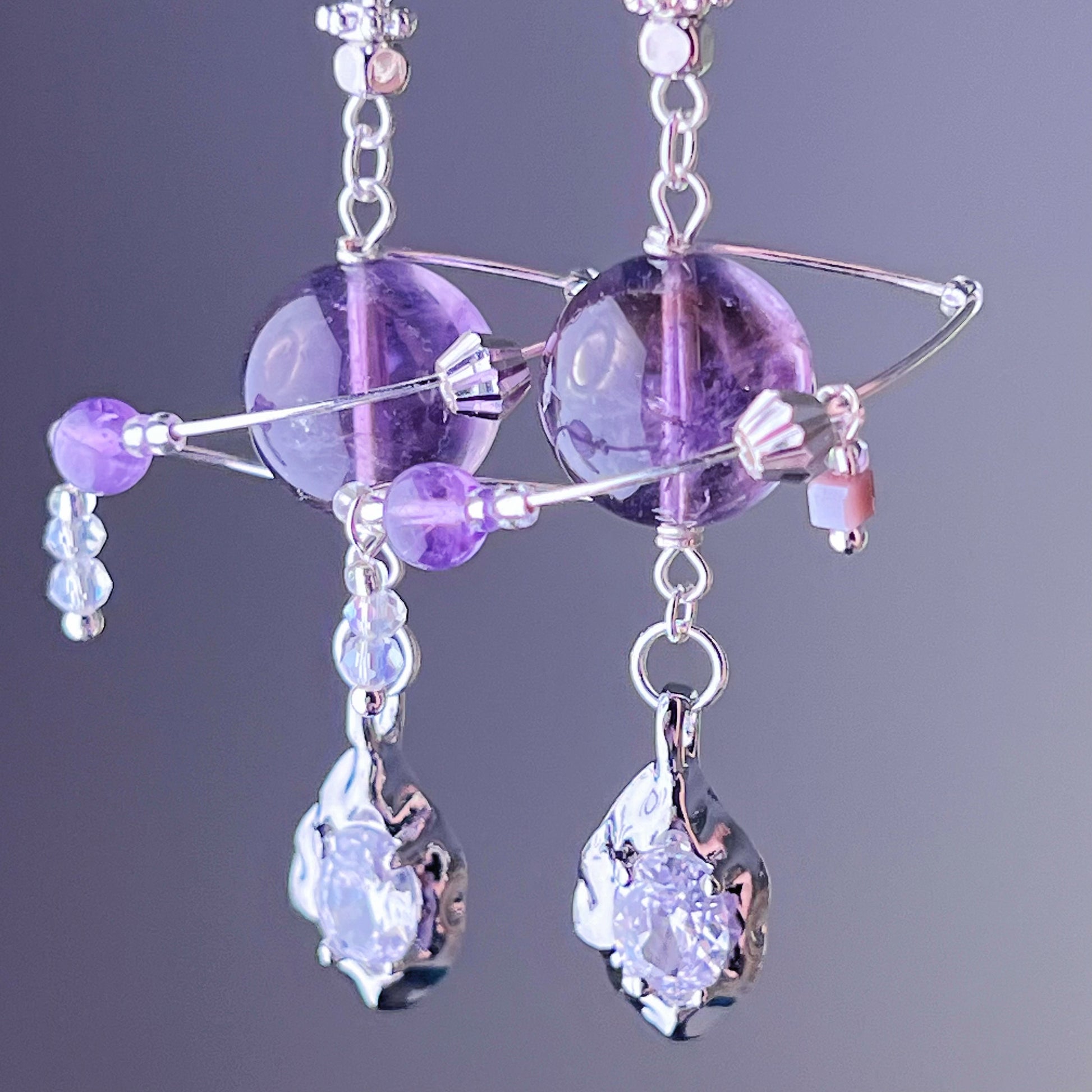 Silver Amethyst Planet and Meteorite Earrings-Ninaouity