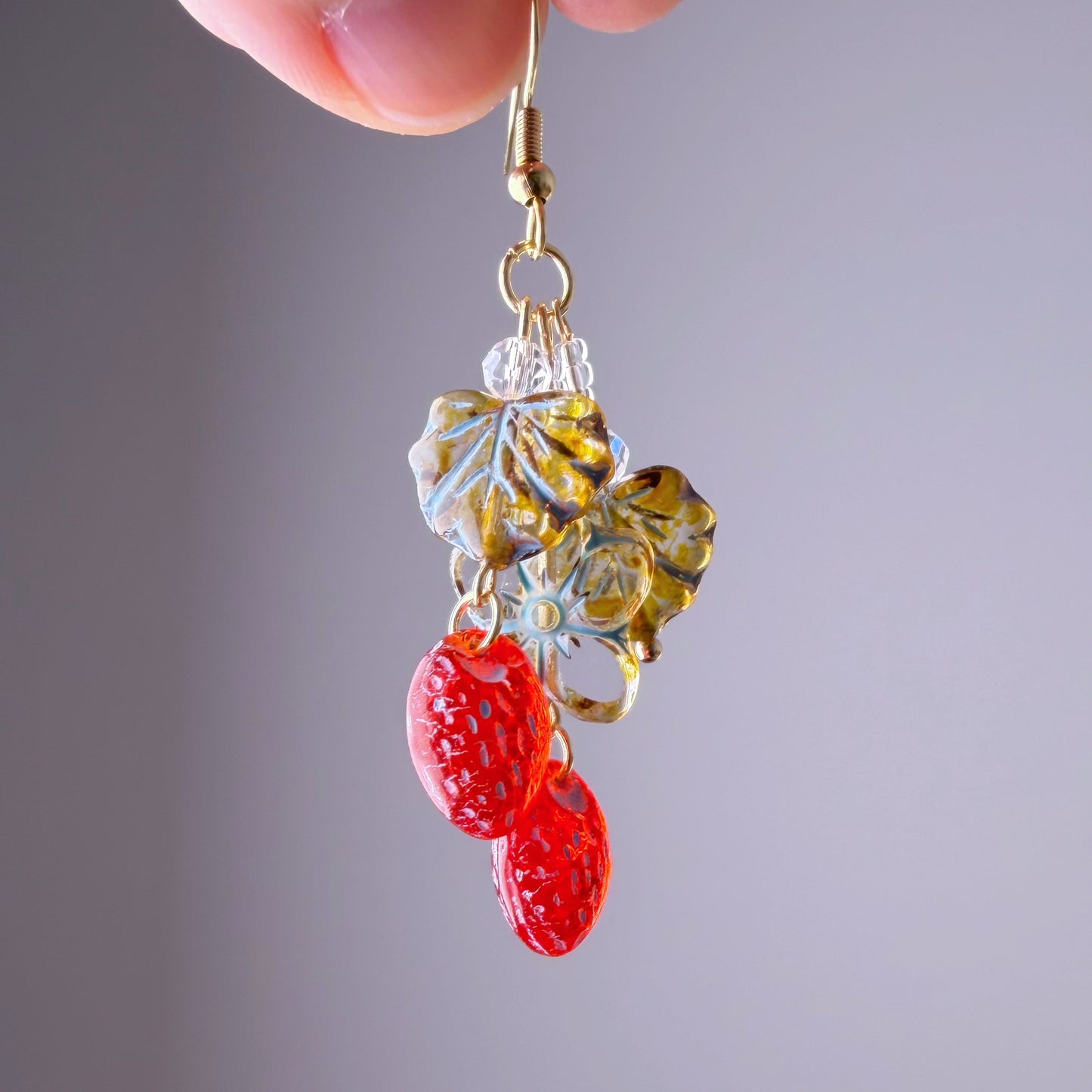 Handmade Glass Red Blue Strawberries Flower and Leaves Earrings