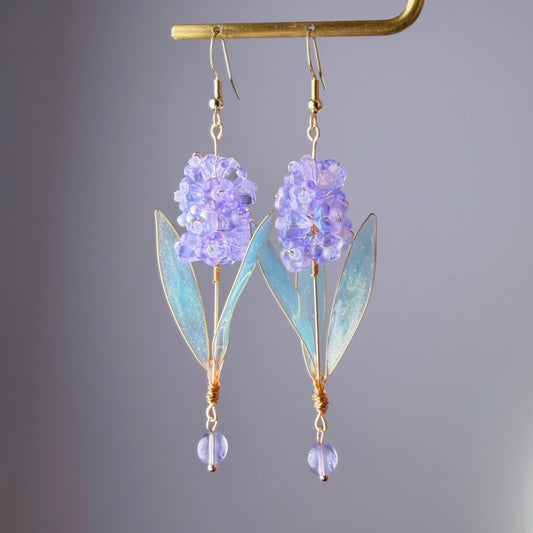 Handmade Purple Hyacinth Flower with Leaves Earrings