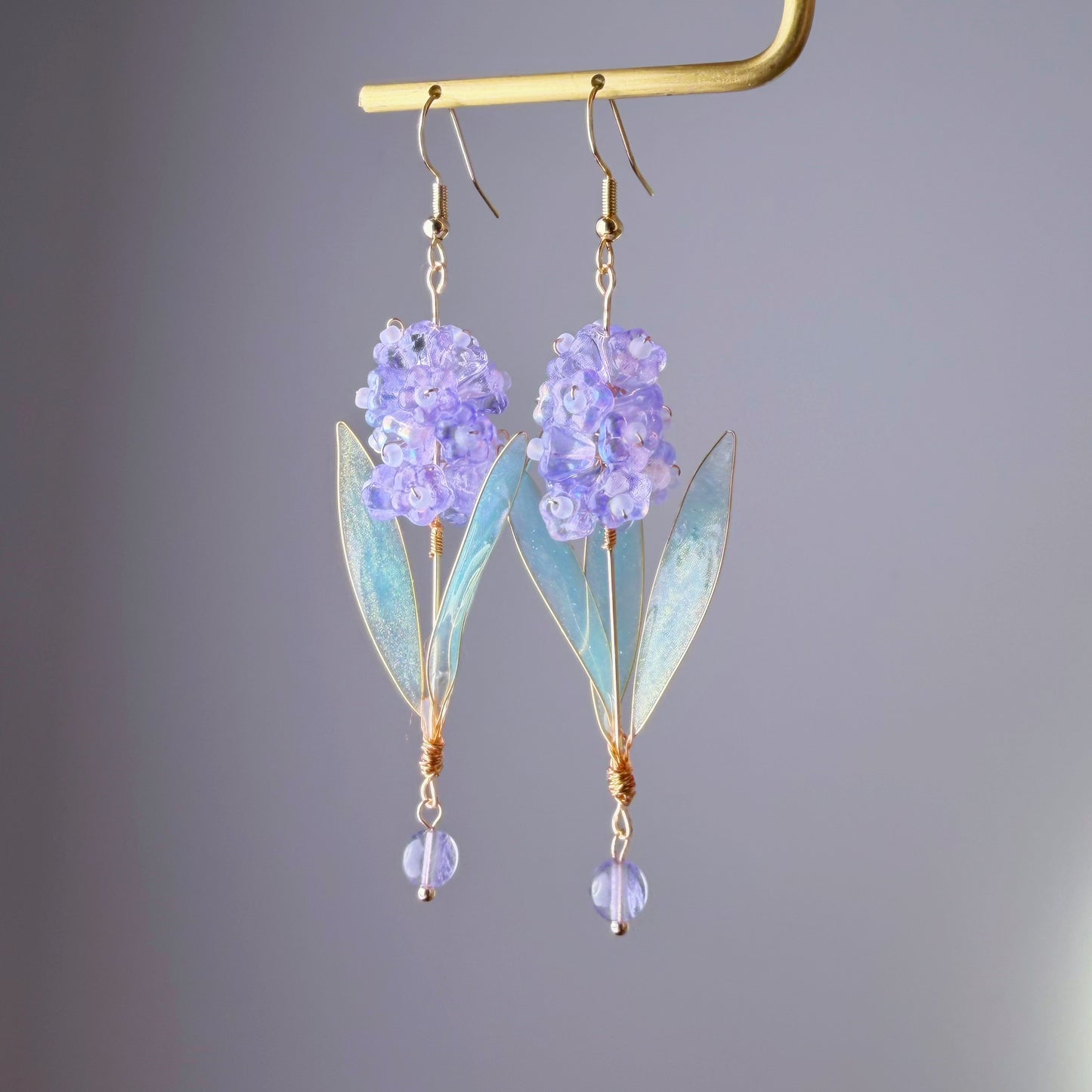 Handmade Purple Hyacinth Flower with Leaves Earrings
