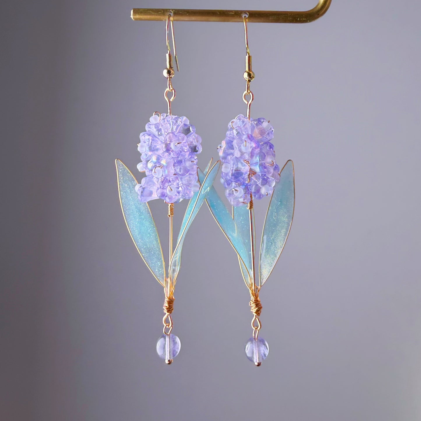 Handmade Purple Hyacinth Flower with Leaves Earrings