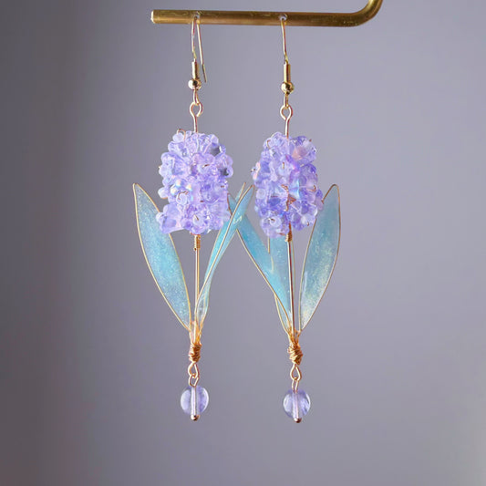 Handmade Purple Hyacinth Flower with Leaves Earrings