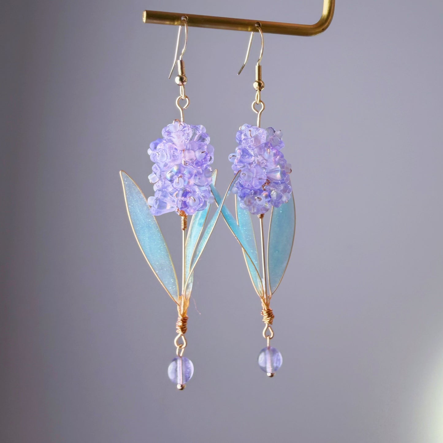 Handmade Purple Hyacinth Flower with Leaves Earrings