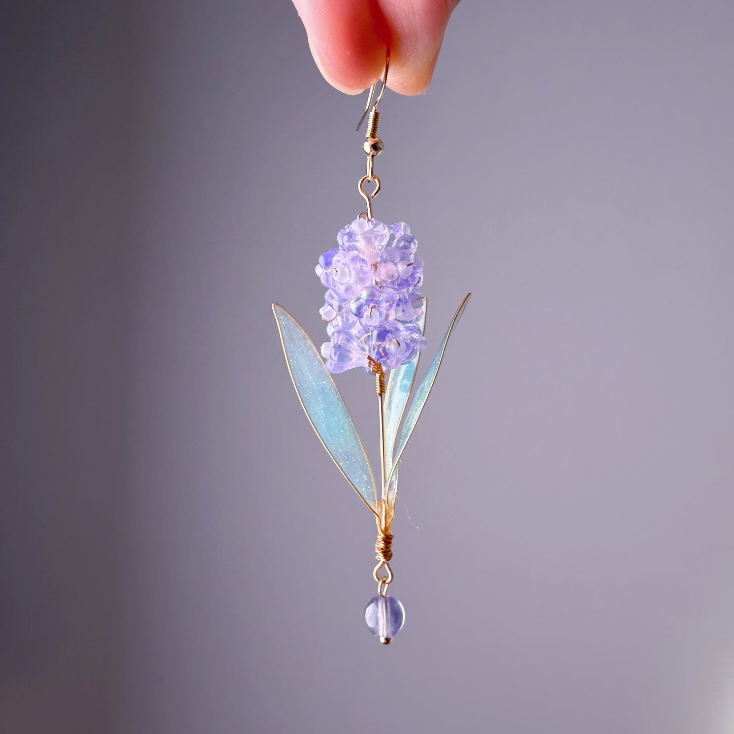 Handmade Purple Hyacinth Flower with Leaves Earrings