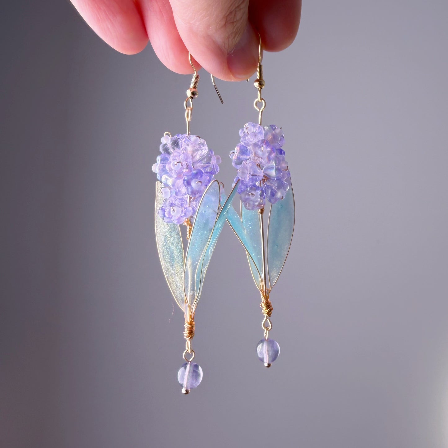 Handmade Purple Hyacinth Flower with Leaves Earrings