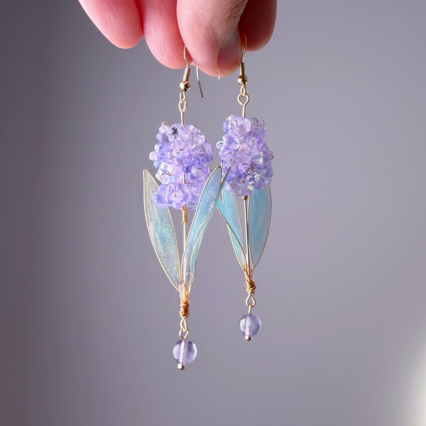 Handmade Purple Hyacinth Flower with Leaves Earrings