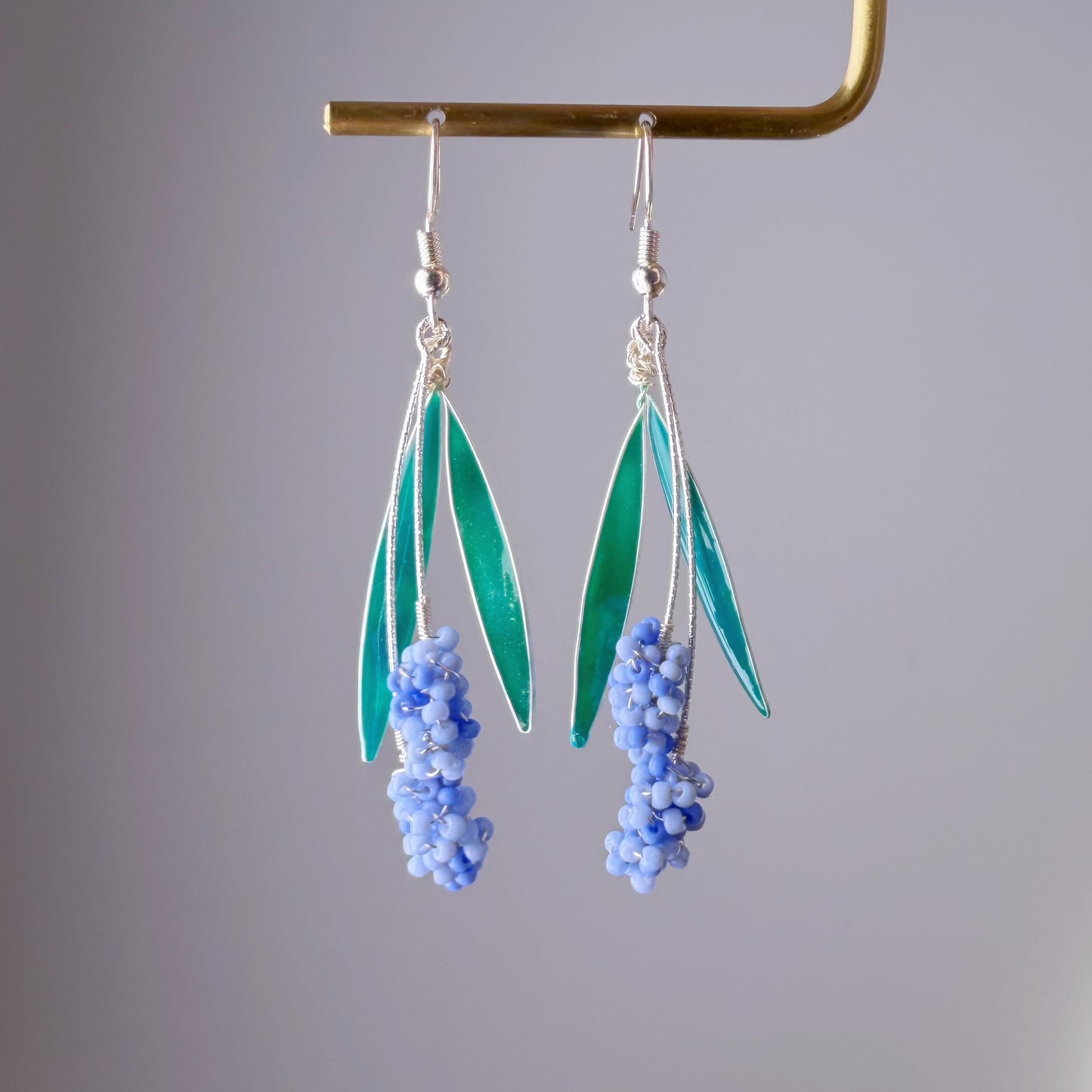 Handmade Purple Blue Small Hyacinth Flowers Silver Dangle Earrings