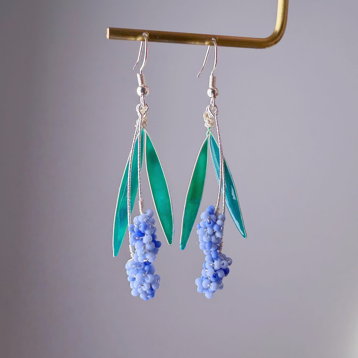 Handmade Purple Blue Small Hyacinth Flowers Silver Dangle Earrings