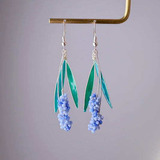 Handmade Purple Blue Small Hyacinth Flowers Silver Dangle Earrings