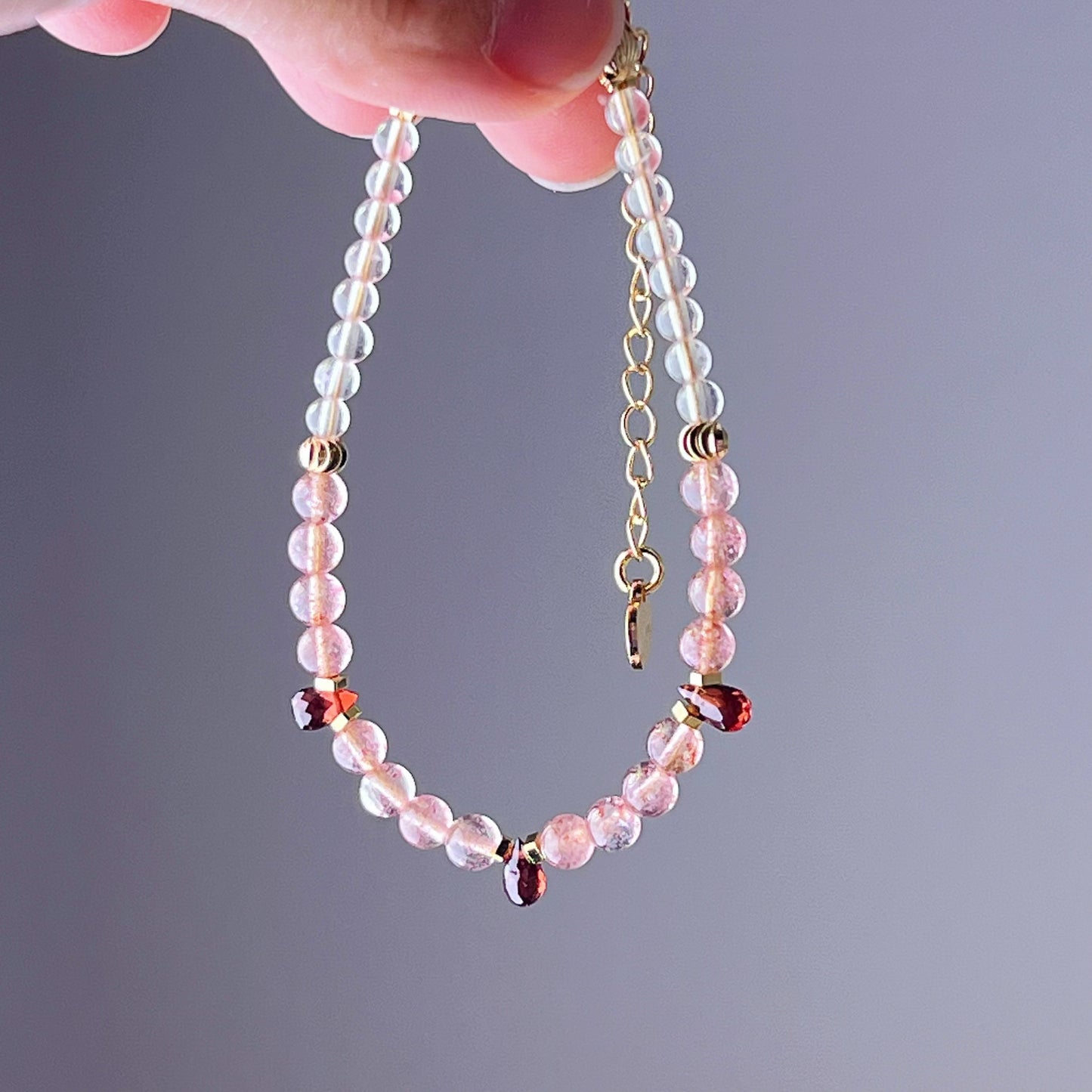 Garnet Teardrop and Strawberry Quartz Crystal Bracelet-Ninaouity