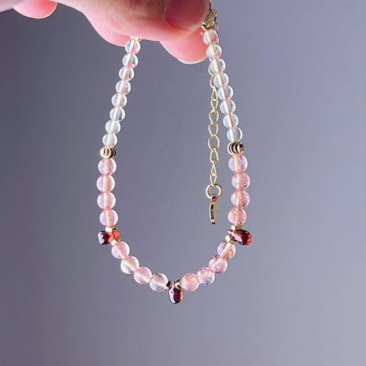 Garnet Teardrop and Strawberry Quartz Crystal Bracelet