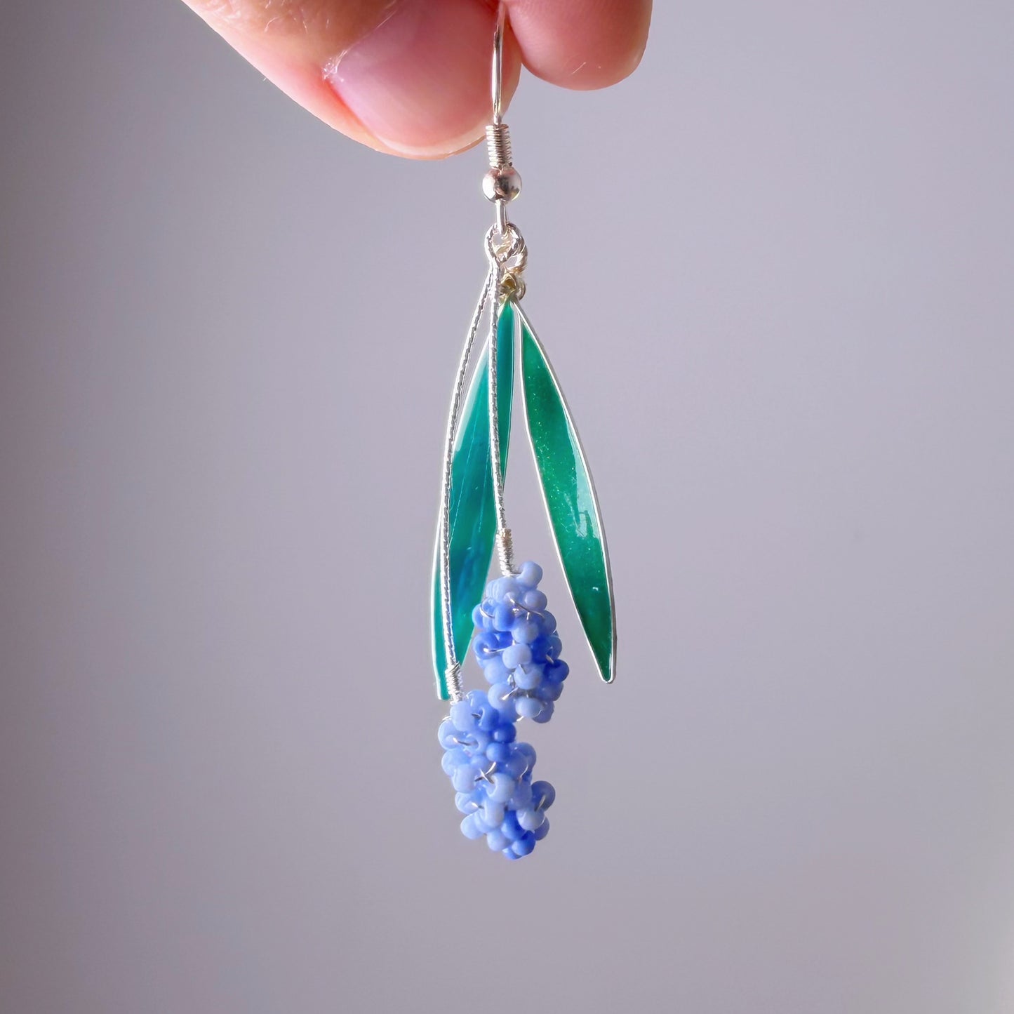 Handmade Purple Blue Small Hyacinth Flowers Silver Dangle Earrings