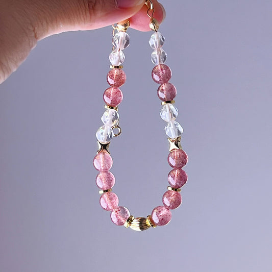 Strawberry Quartz and Clear Quartz Crystal Bracelet-Ninaouity