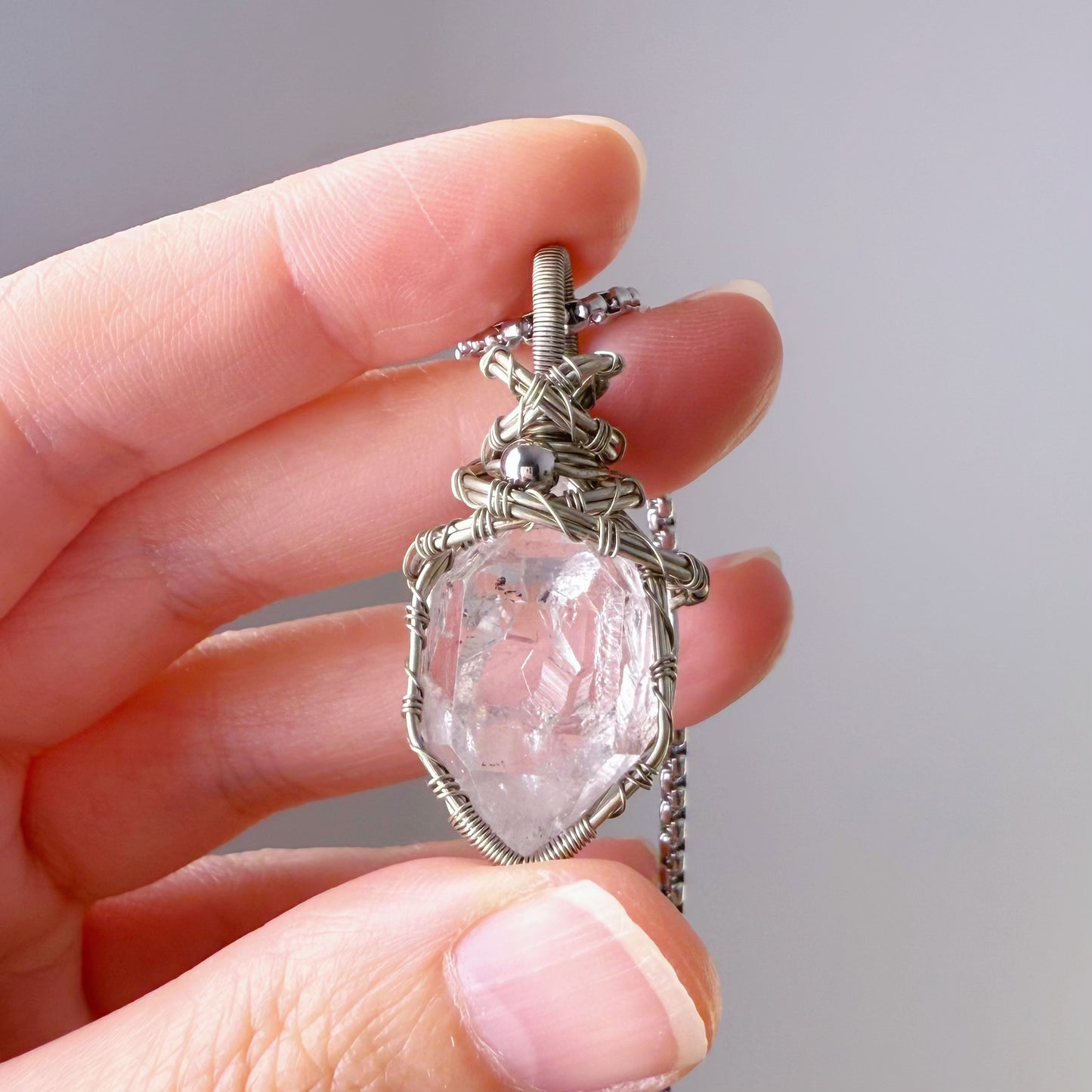 Handmade Herkimer Diamond Crystal Copper Wire Wrapped Necklace