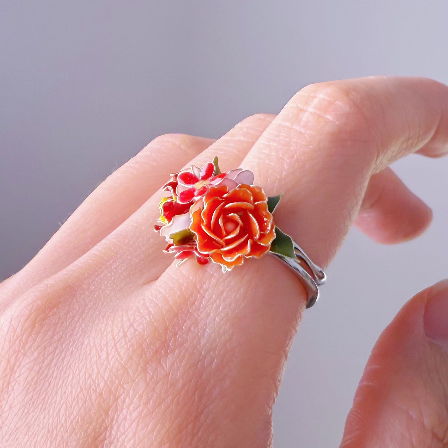 Handmade Rose and Camellia Early Summer Flowers Bouquet Ring