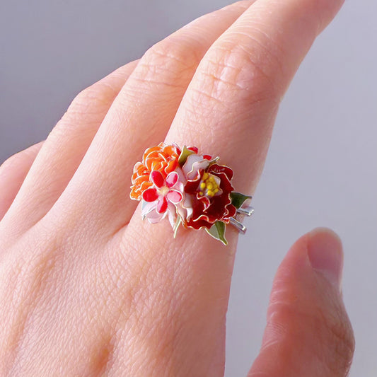 Handmade Rose and Camellia Early Summer Flowers Bouquet Ring