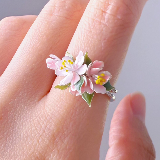 Handmade Apple Blossom Pink and White Flowers Ring