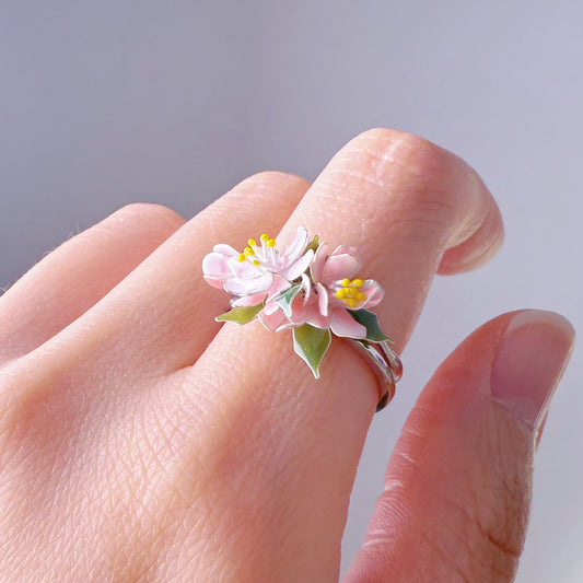 Handmade Apple Blossom Pink and White Flowers Ring